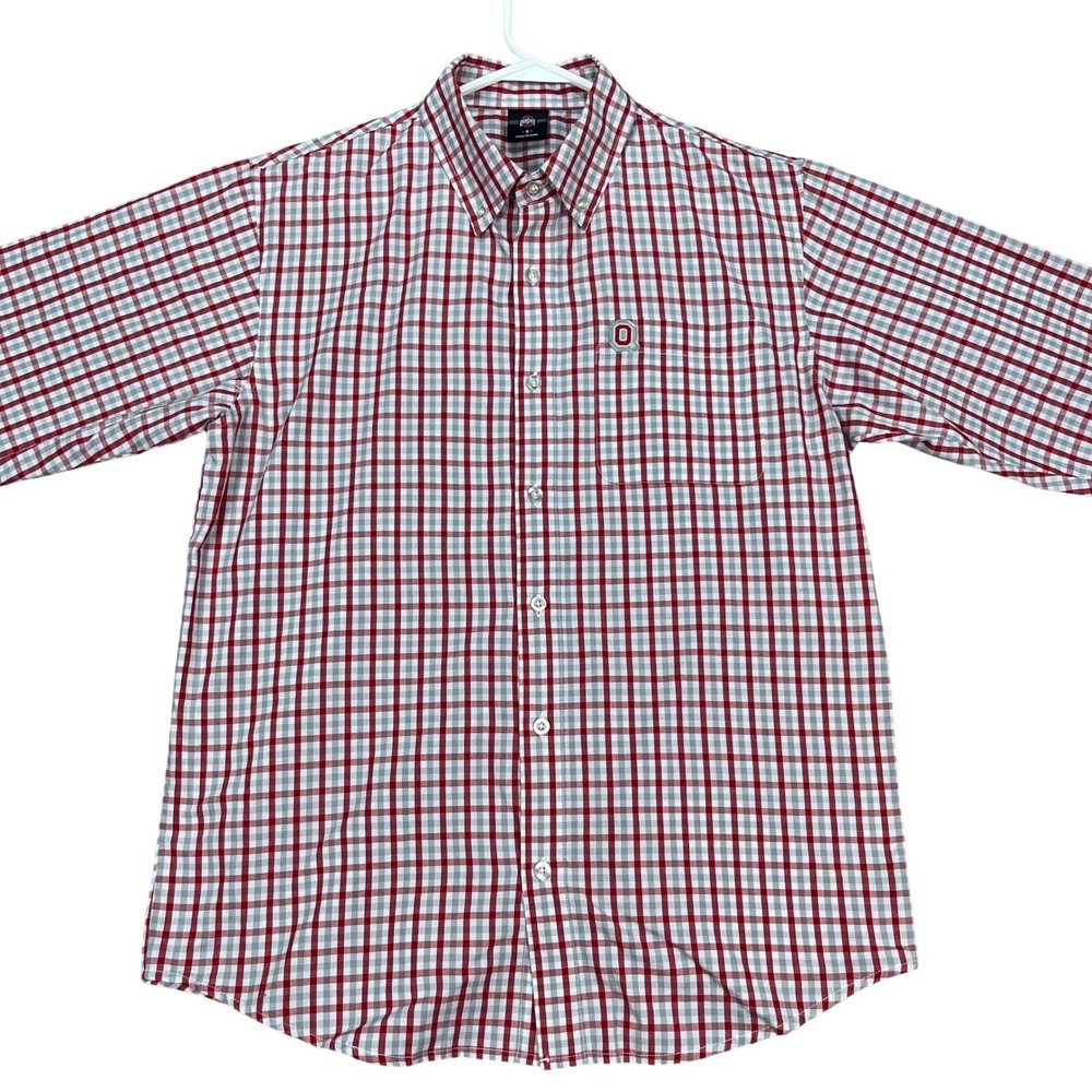 Ohio State Buckeyes Shirt Mens Small Red Gray Plaid Button Down NCAA OSU